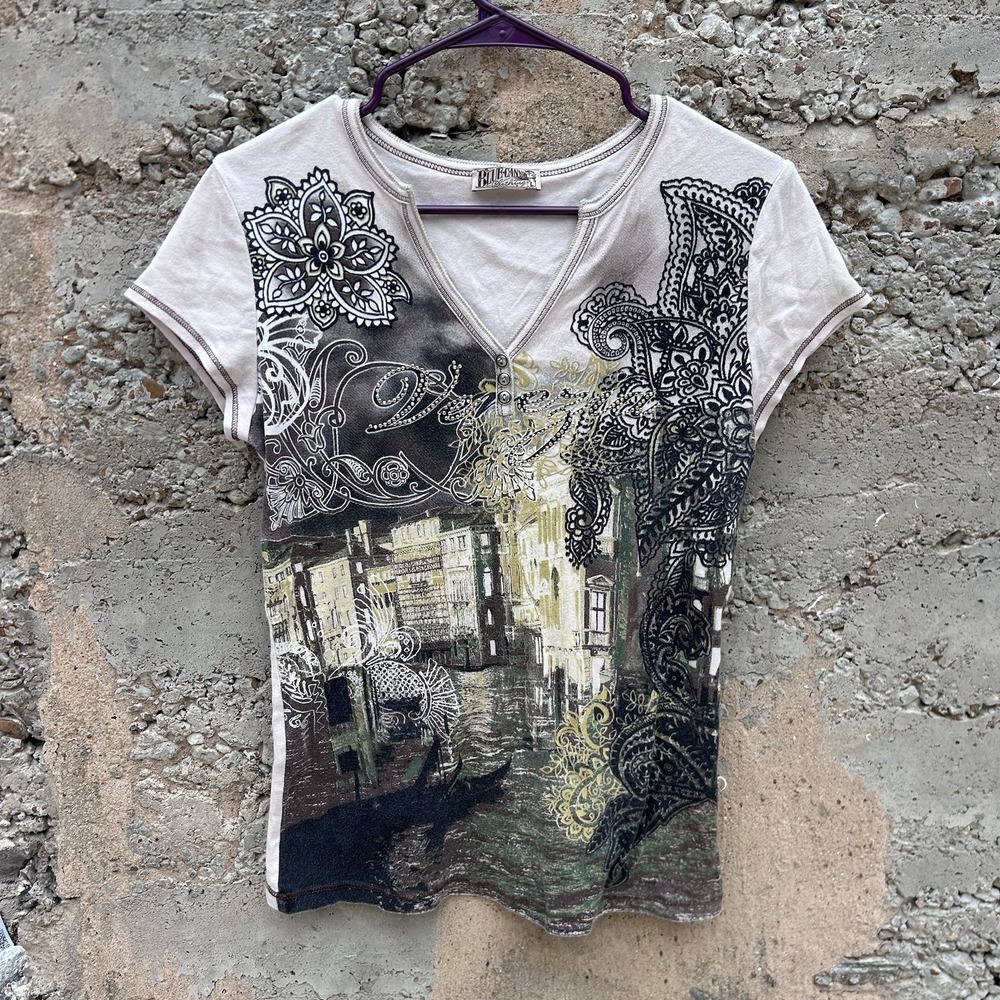 VTG Y2k Venice Italy Rhinestone Shirt Short Sleeve bling SZ Lg By Blue Canyon
